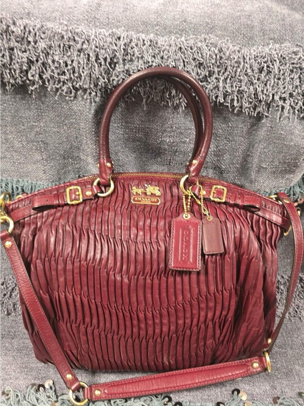 Coach Wine Ruched Leather Satchel with Gold Hardware